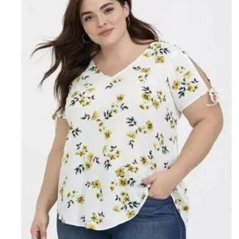 Torrid Tie-Sleeve Crepe Blouse with Yellow Flowers
